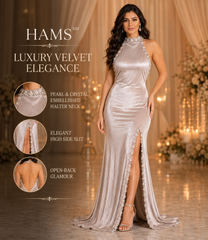 Champagne Ivory Embellished Satin Maxi – Elegant Halter Neck Party Wear