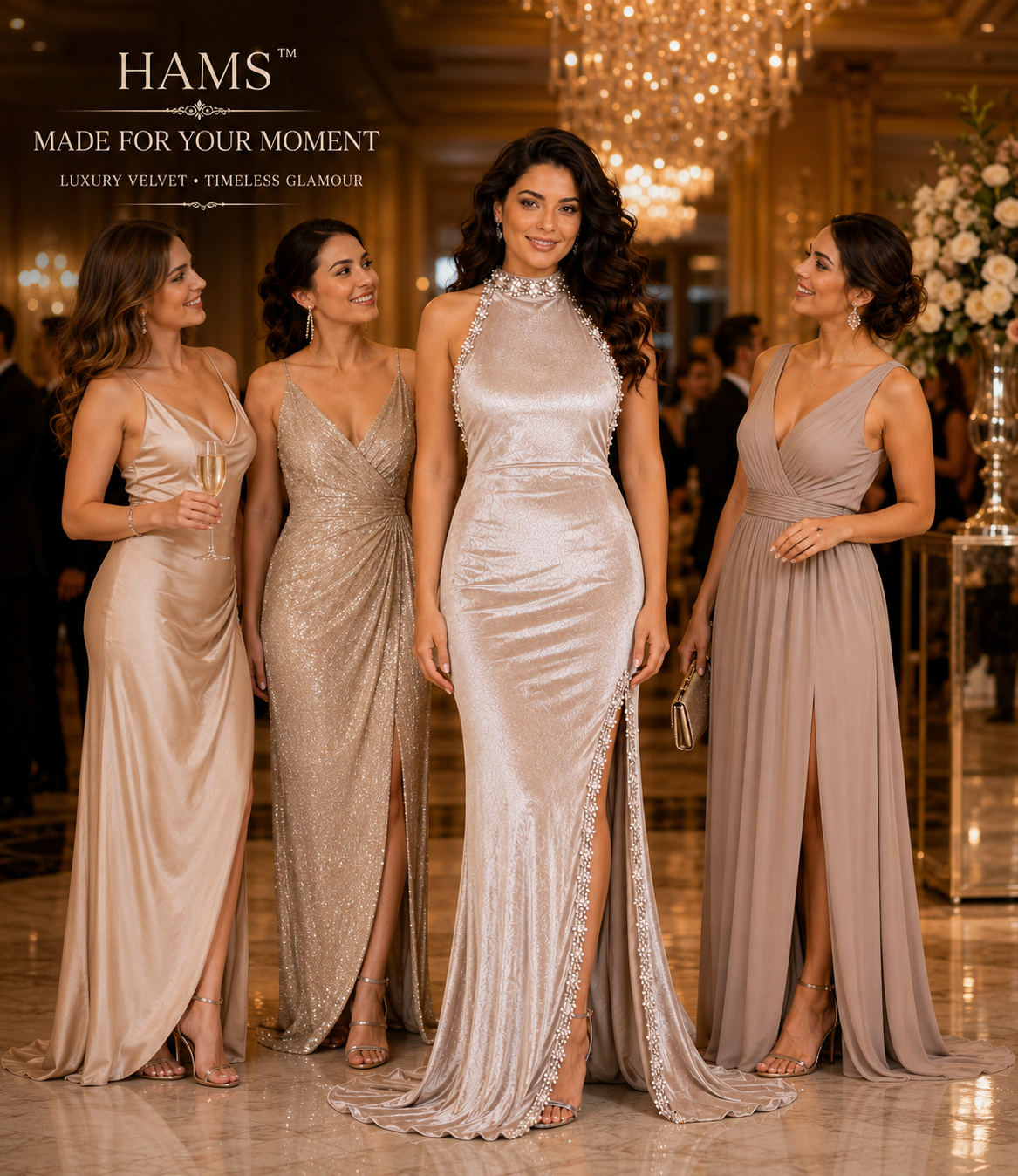 Champagne Ivory Embellished Satin Maxi – Elegant Halter Neck Party Wear