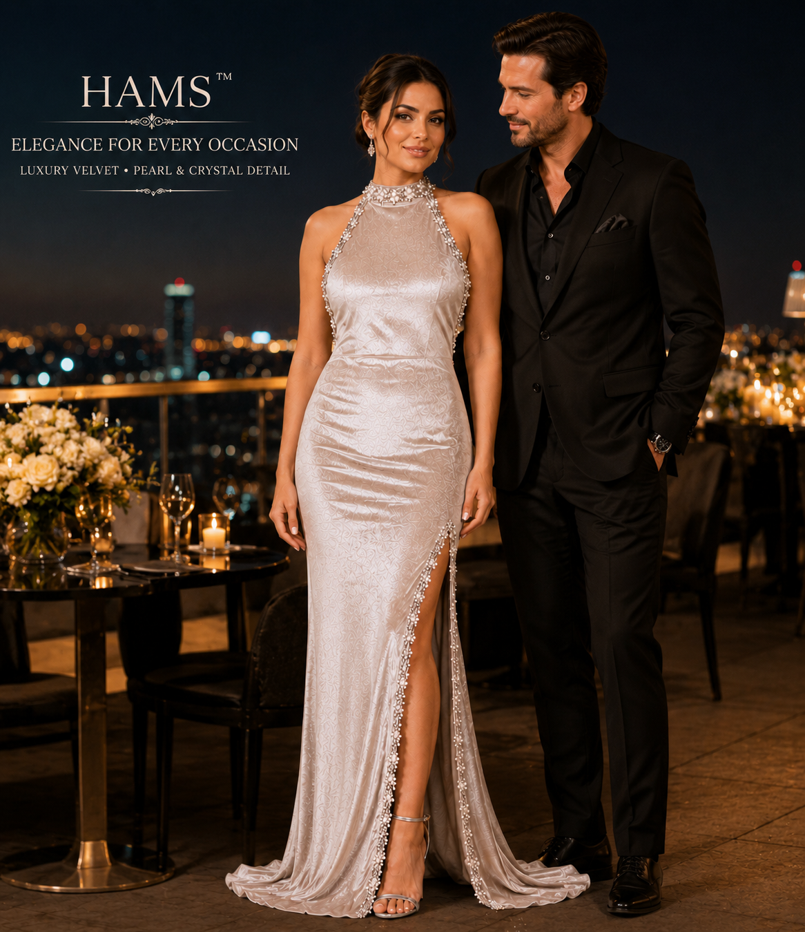 Champagne Ivory Embellished Satin Maxi – Elegant Halter Neck Party Wear