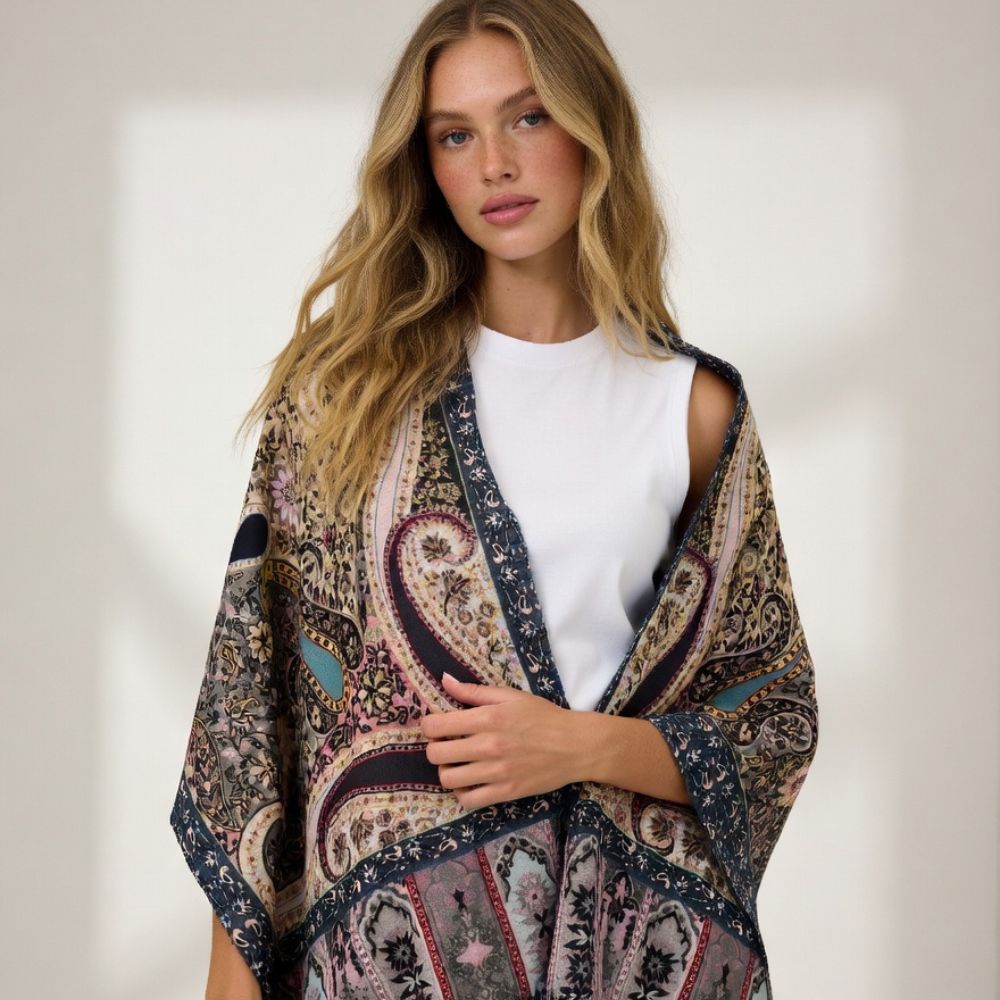 Premium Multicolor Paisley Wool Scarf for Women – Navy Blue, Pink & Beige Printed Winter Wrap with Fringes