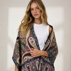Premium Multicolor Paisley Wool Scarf for Women – Navy Blue, Pink & Beige Printed Winter Wrap with Fringes