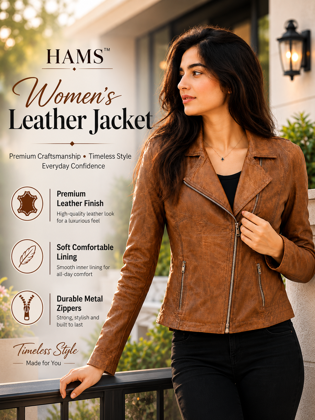 HAMS™ Women's Genuine Cow Leather Biker Jacket – Premium Slim Fit Motorcycle Leather Coat