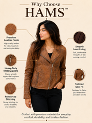 HAMS™ Women's Genuine Cow Leather Biker Jacket – Premium Slim Fit Motorcycle Leather Coat