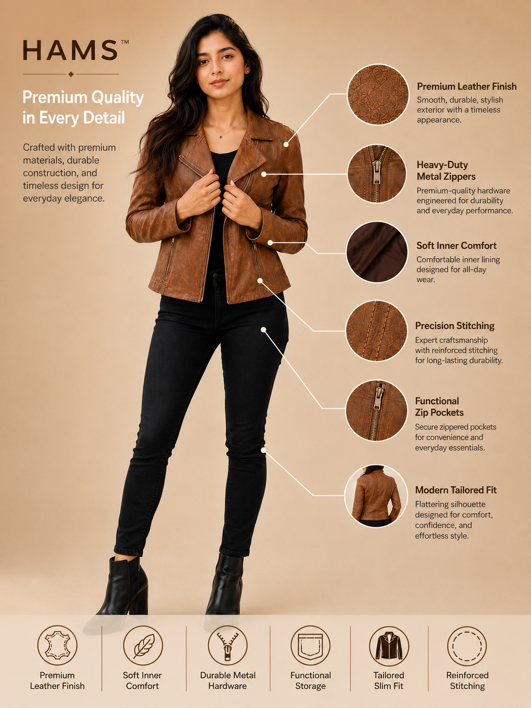 HAMS™ Women's Genuine Cow Leather Biker Jacket – Premium Slim Fit Motorcycle Leather Coat