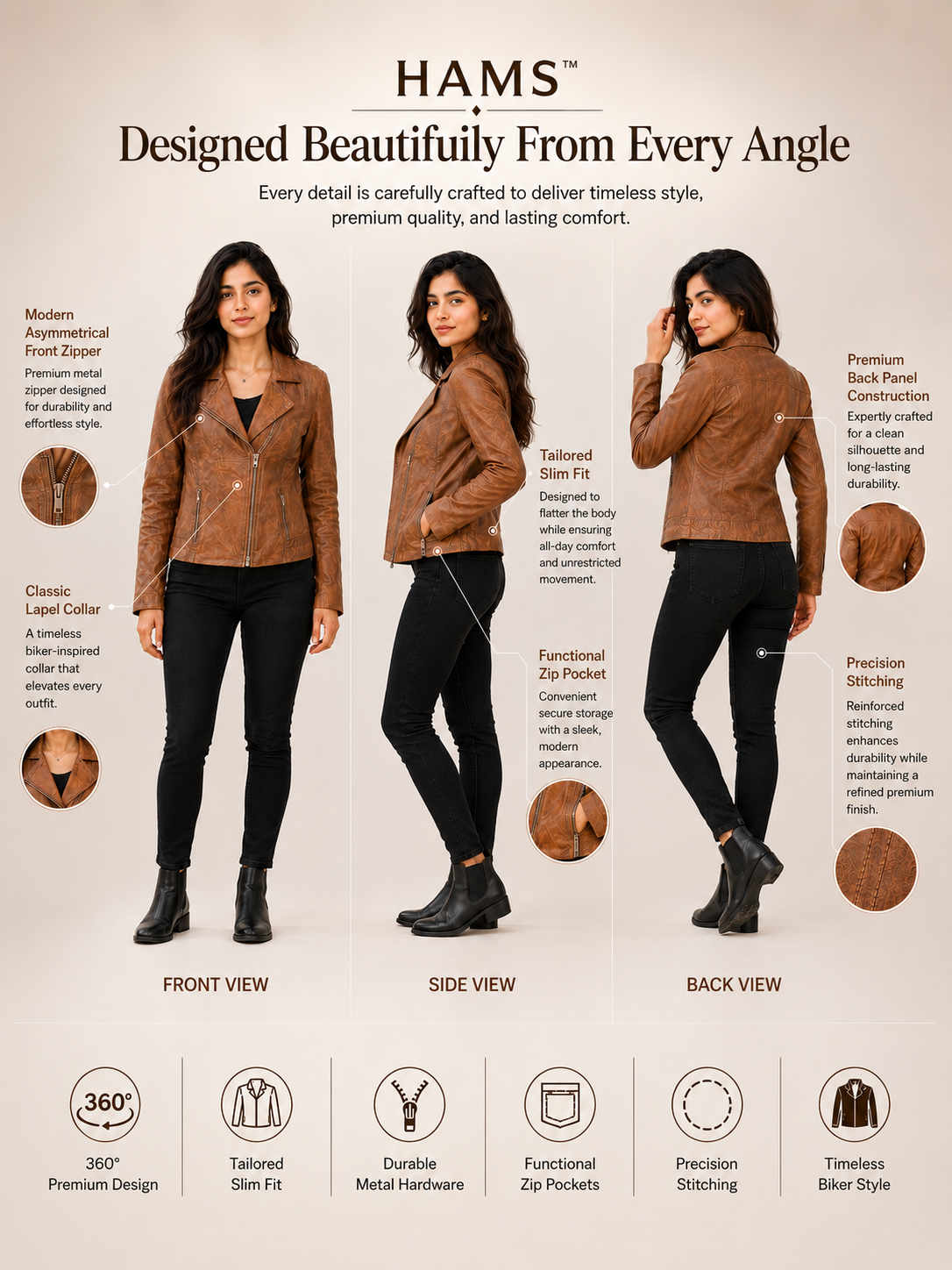 HAMS™ Women's Genuine Cow Leather Biker Jacket – Premium Slim Fit Motorcycle Leather Coat