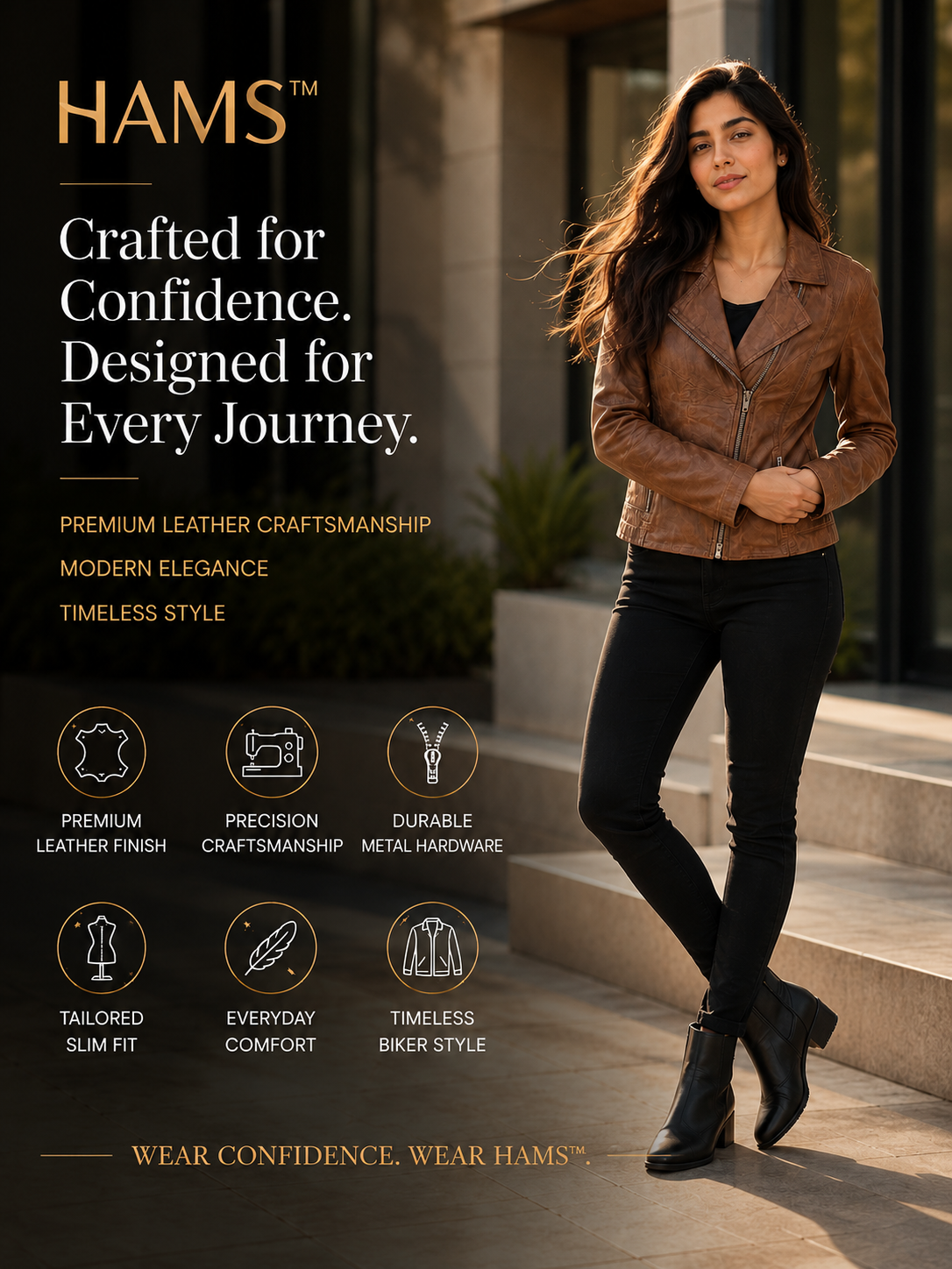 HAMS™ Women's Genuine Cow Leather Biker Jacket – Premium Slim Fit Motorcycle Leather Coat