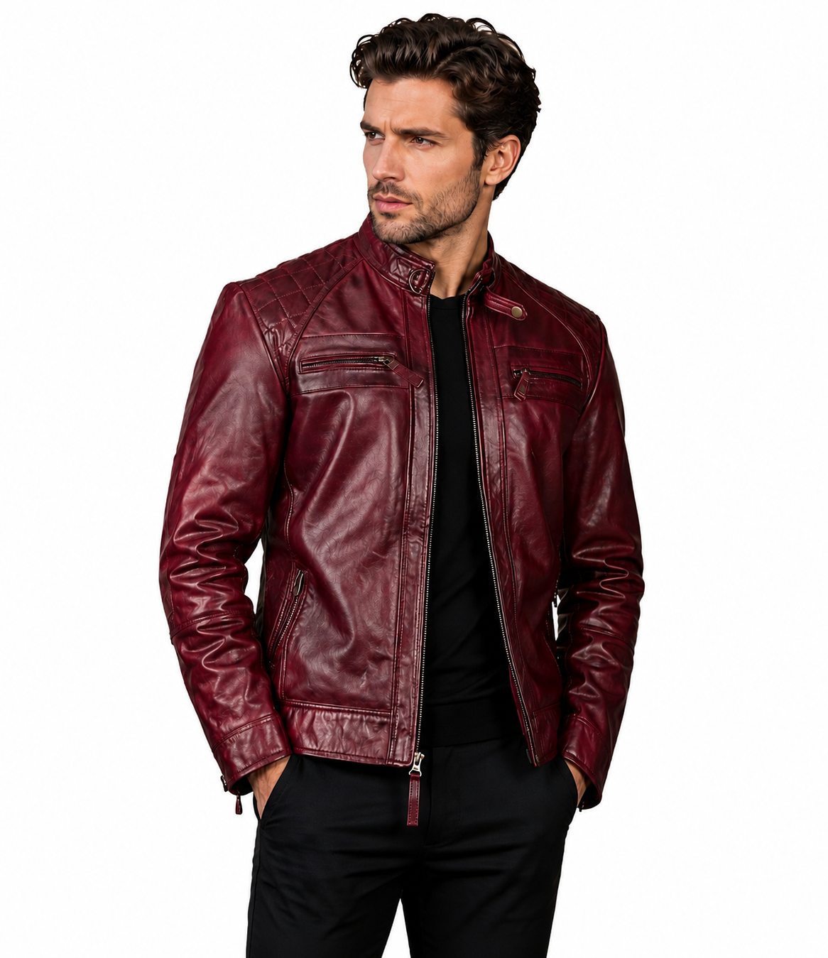 HAMS Men's Genuine Cow Leather Motorcycle Jacket – Premium Burgundy Cafe Racer Leather Jacket with Quilted Shoulders & Stand Collar