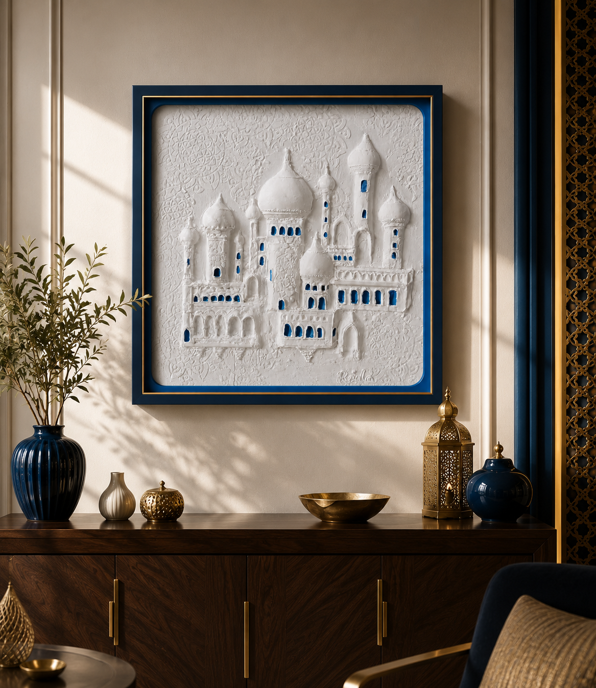 Noor Al Masjid 3D Islamic Mosque Relief Wall Art | Premium White & Blue Textured Canvas | Modern Islamic Home Décor | Luxury Framed Wall Painting