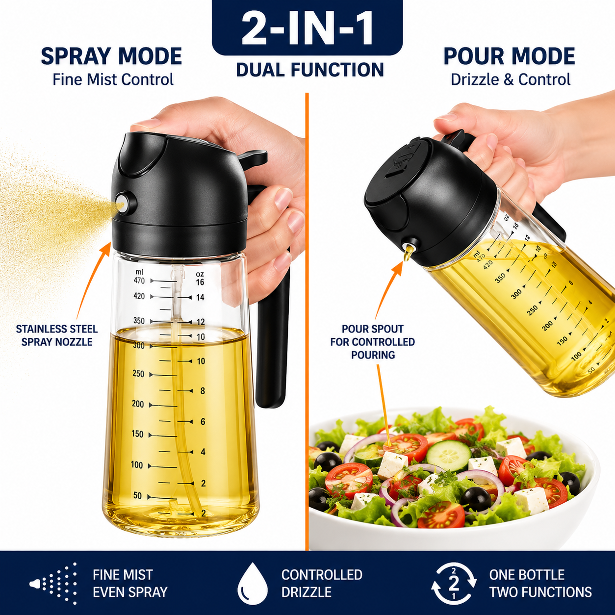 2-in-1 Olive Oil Sprayer for Cooking, Pack of 2 (16oz Each), Light-Proof Oil Dispenser Bottles, Leak-Proof Oil Spray Bottles for Air Fryer, Salad Dressing, BBQ, Baking & Grilling – Black & Green