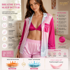 HAMS Women's 3-Piece Satin Pajama Set – Pink Ombre | Long Sleeve Cardigan, Wide-Leg Pants, Elastic Waist, Side Slit, All-Season Loungewear