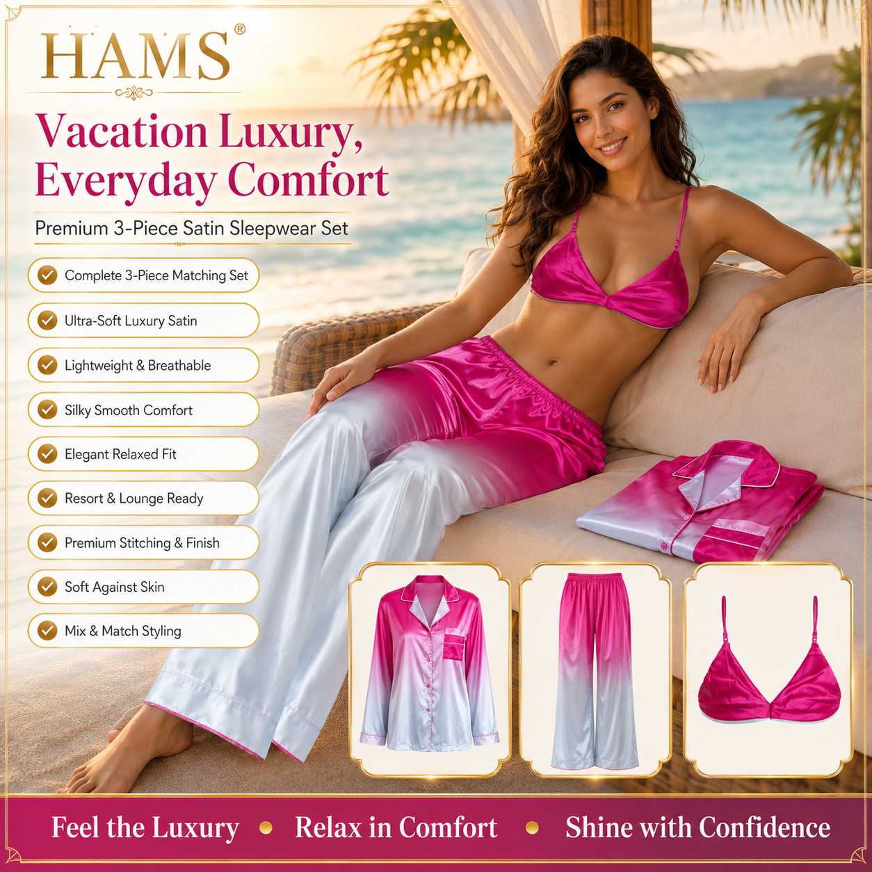 HAMS Women's 3-Piece Satin Pajama Set – Pink Ombre | Long Sleeve Cardigan, Wide-Leg Pants, Elastic Waist, Side Slit, All-Season Loungewear