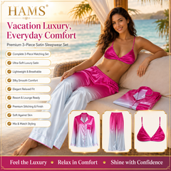 HAMS Women's 3-Piece Satin Pajama Set – Pink Ombre | Long Sleeve Cardigan, Wide-Leg Pants, Elastic Waist, Side Slit, All-Season Loungewear