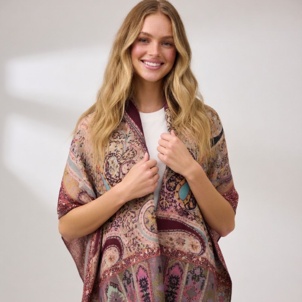Premium Paisley Wool Shawl for Women – Elegant Printed Winter Wrap with Fringed Edges