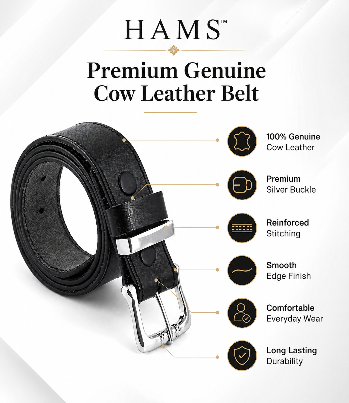 HAMS™ Premium Genuine Cowhide Leather Belt for Men – Classic Black | Handmade Full Grain Leather | Silver Pin Buckle