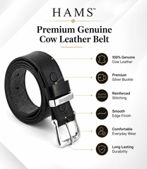 HAMS™ Premium Genuine Cowhide Leather Belt for Men – Classic Black | Handmade Full Grain Leather | Silver Pin Buckle