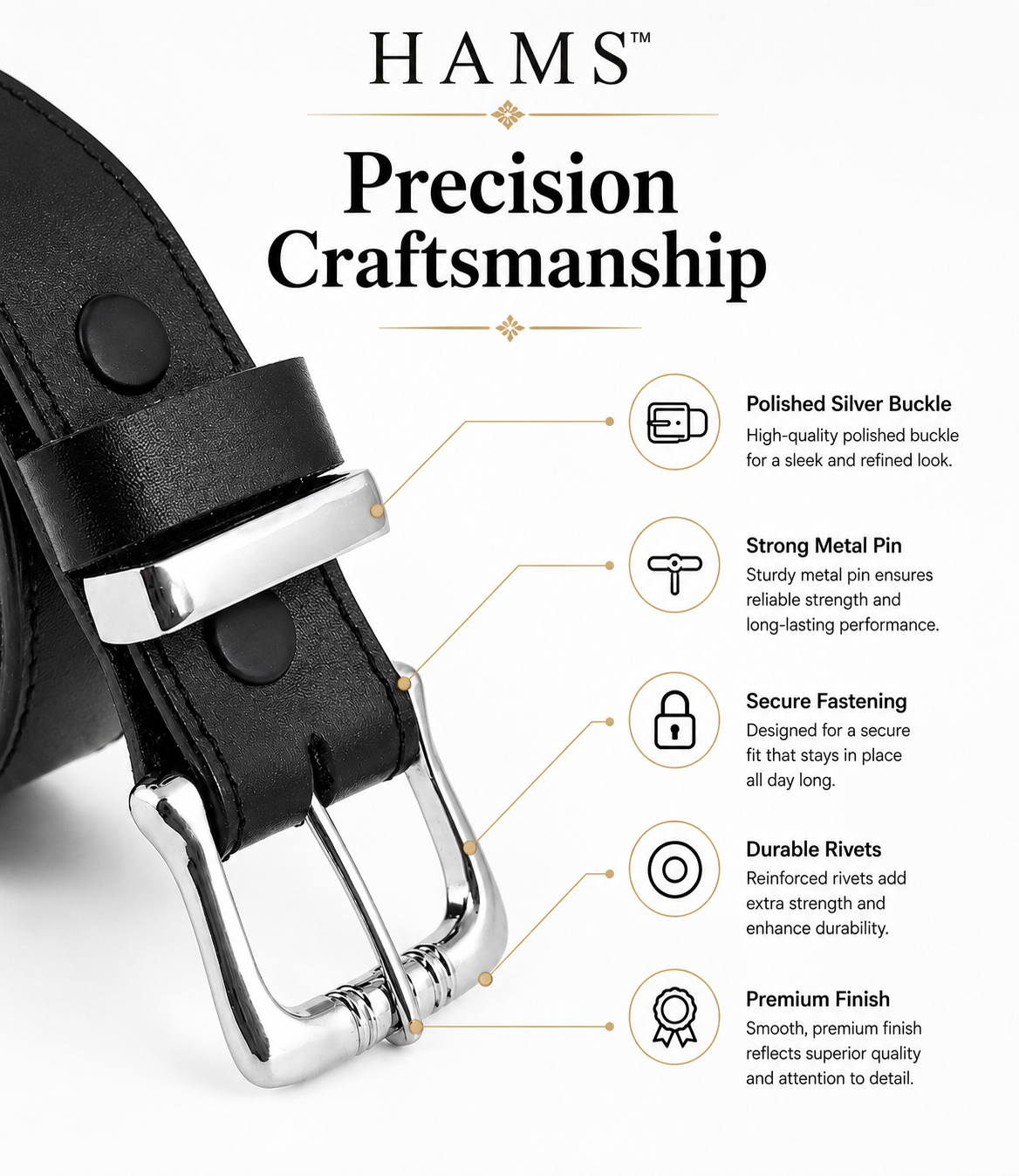 HAMS™ Premium Genuine Cowhide Leather Belt for Men – Classic Black | Handmade Full Grain Leather | Silver Pin Buckle