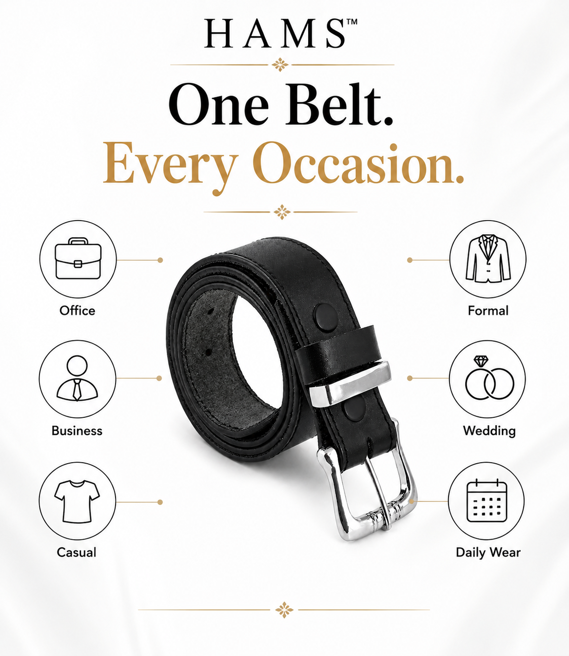 HAMS™ Premium Genuine Cowhide Leather Belt for Men – Classic Black | Handmade Full Grain Leather | Silver Pin Buckle