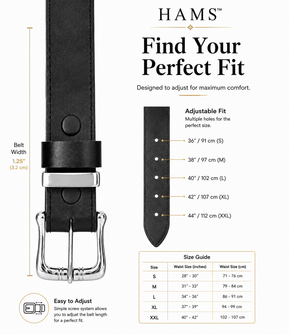 HAMS™ Premium Genuine Cowhide Leather Belt for Men – Classic Black | Handmade Full Grain Leather | Silver Pin Buckle