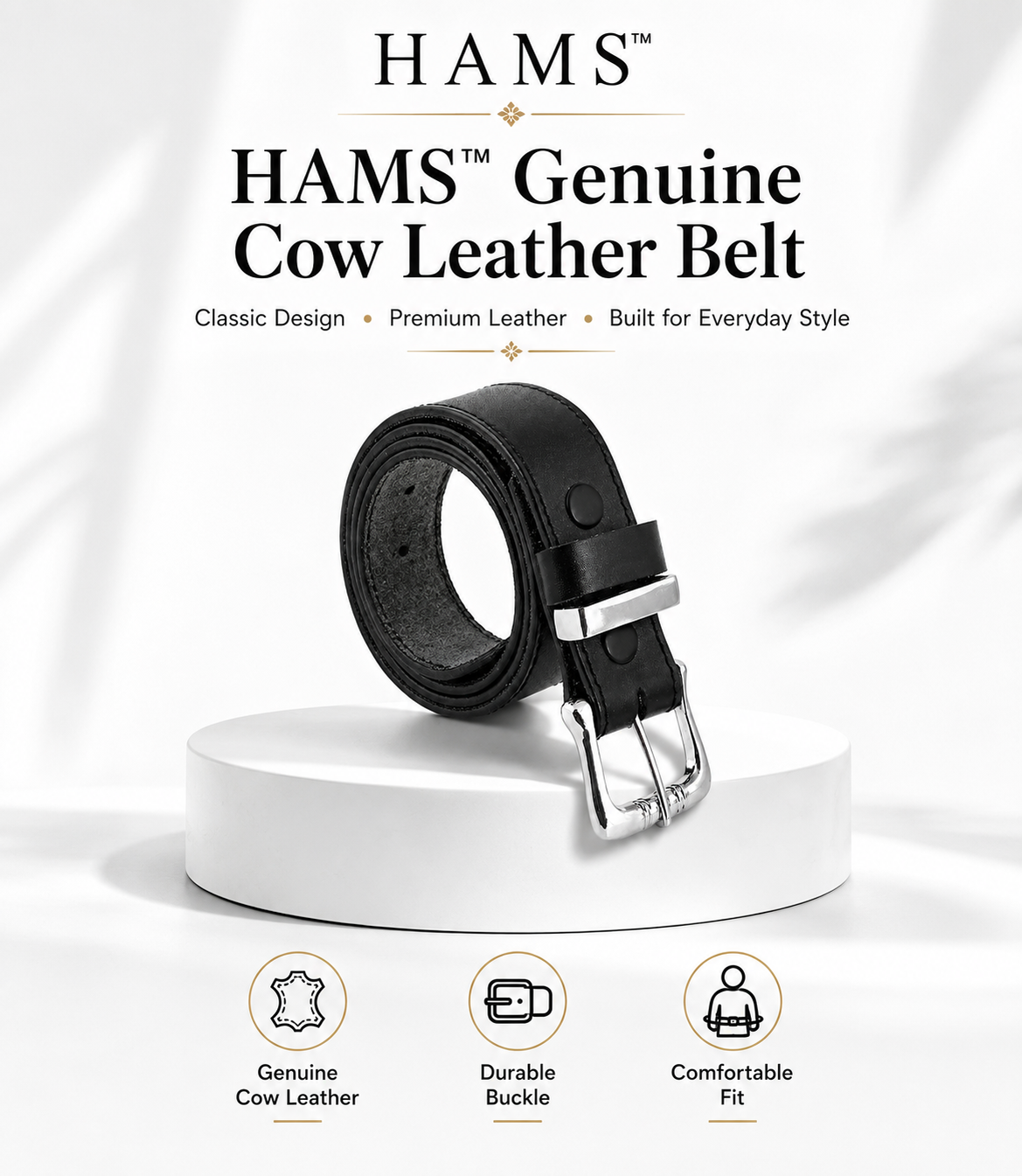 HAMS™ Premium Genuine Cowhide Leather Belt for Men – Classic Black | Handmade Full Grain Leather | Silver Pin Buckle