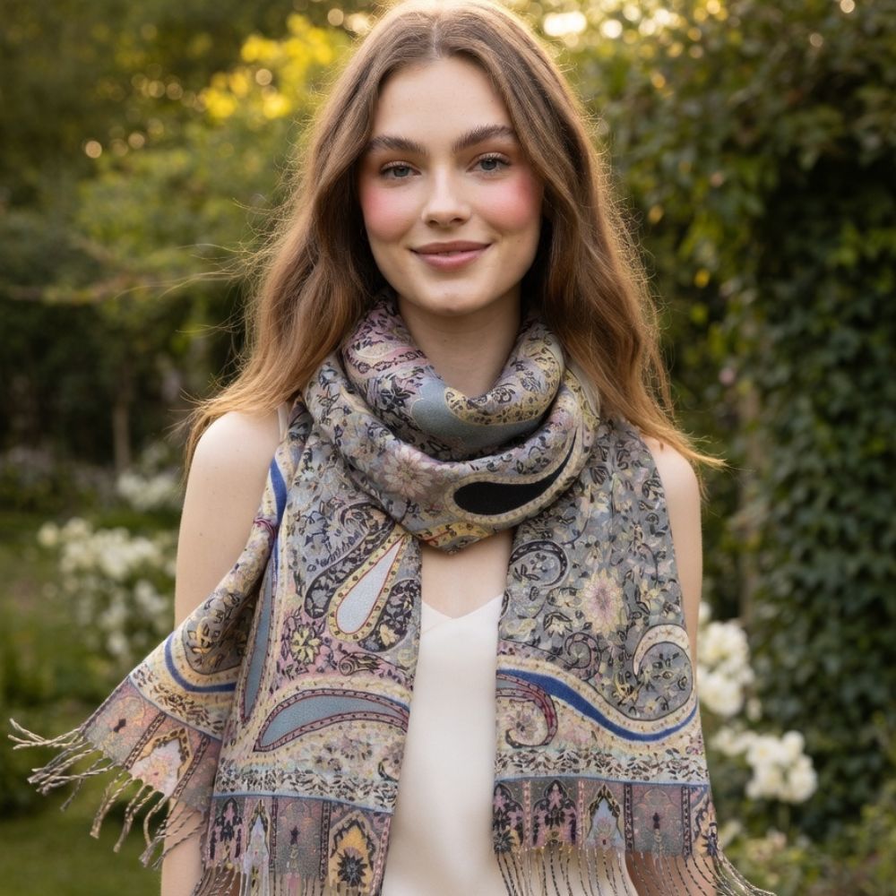 Premium Paisley Wool Shawl for Women – Elegant Printed Winter Wrap Scarf with Fringed Edges
