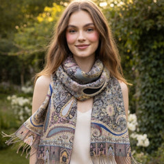 Premium Paisley Wool Shawl for Women – Elegant Printed Winter Wrap Scarf with Fringed Edges