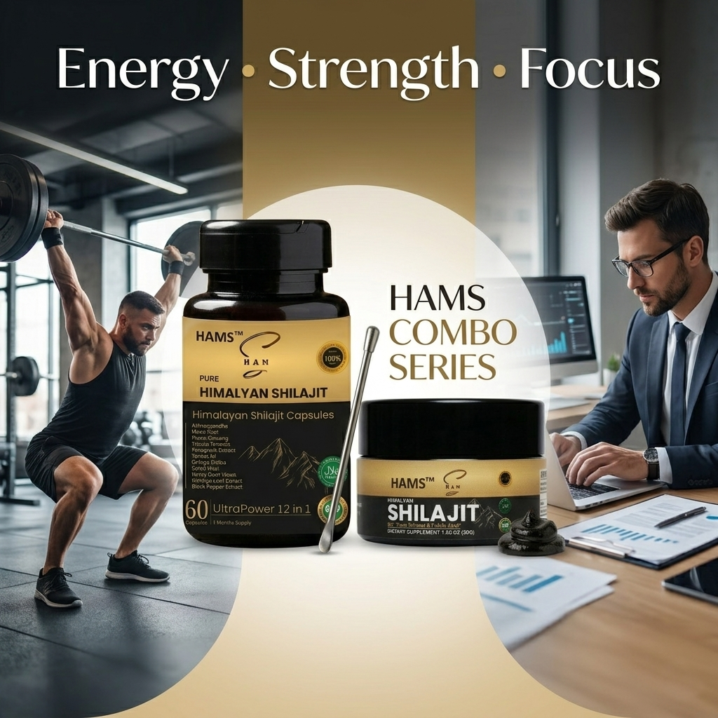 HAMS™ Himalayan Shilajit Resin + 12 in 1 Ashwagandha Blend Combo Pack of 2 | Authentic Mumijo, 84+ Trace Minerals, Fulvic Acid & Elemental Gold | High Potency Lab Tested Supplement