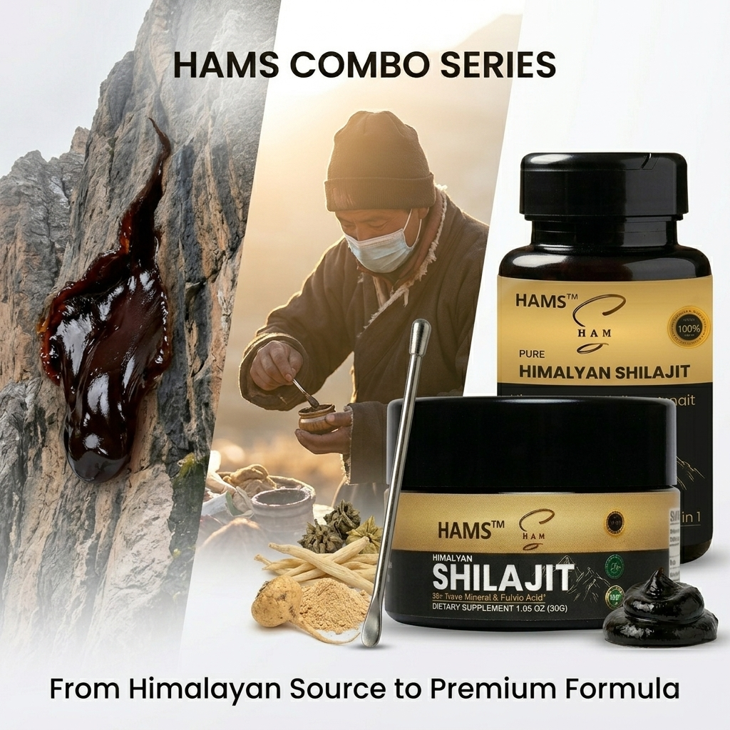 HAMS™ Himalayan Shilajit Resin + 12 in 1 Ashwagandha Blend Combo Pack of 2 | Authentic Mumijo, 84+ Trace Minerals, Fulvic Acid & Elemental Gold | High Potency Lab Tested Supplement