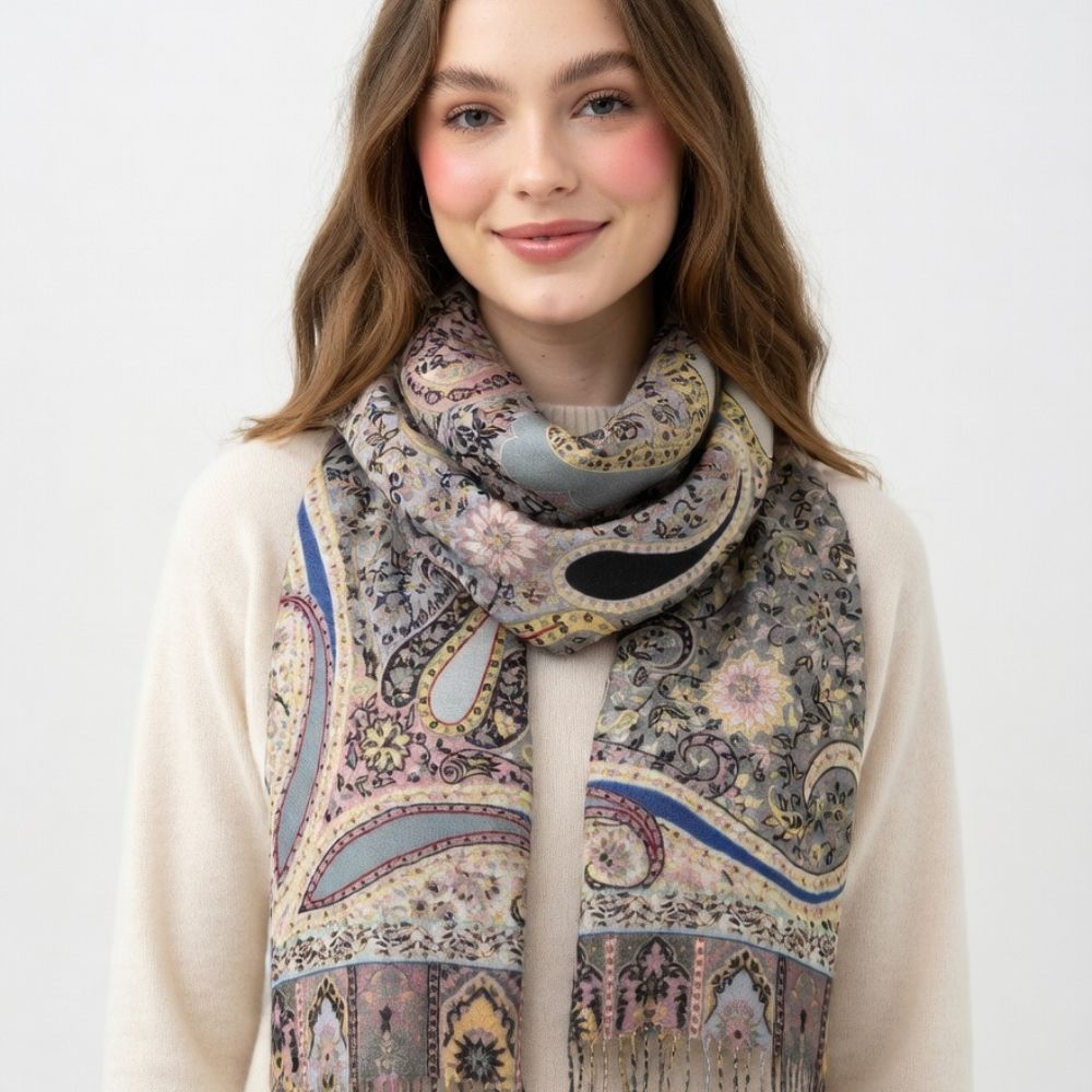 Premium Paisley Wool Shawl for Women – Elegant Printed Winter Wrap Scarf with Fringed Edges