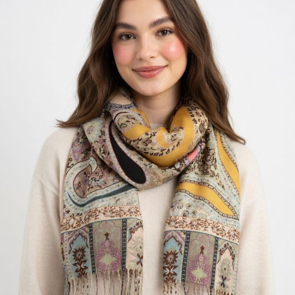 Premium Multicolor Paisley Wool Shawl for Women – Beige, Dusty Pink & Mustard Floral Printed Winter Wrap