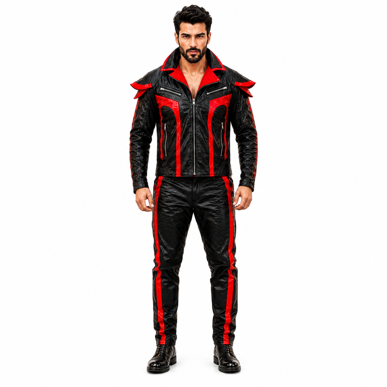 Men's Genuine Cowhide Leather Motorcycle Biker Suit, Black and Red Leather Jacket and Matching Pants Set with Zipper Pockets and Bold Contrast Design
