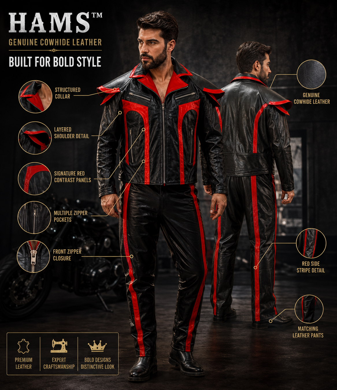 Men's Genuine Cowhide Leather Motorcycle Biker Suit, Black and Red Leather Jacket and Matching Pants Set with Zipper Pockets and Bold Contrast Design