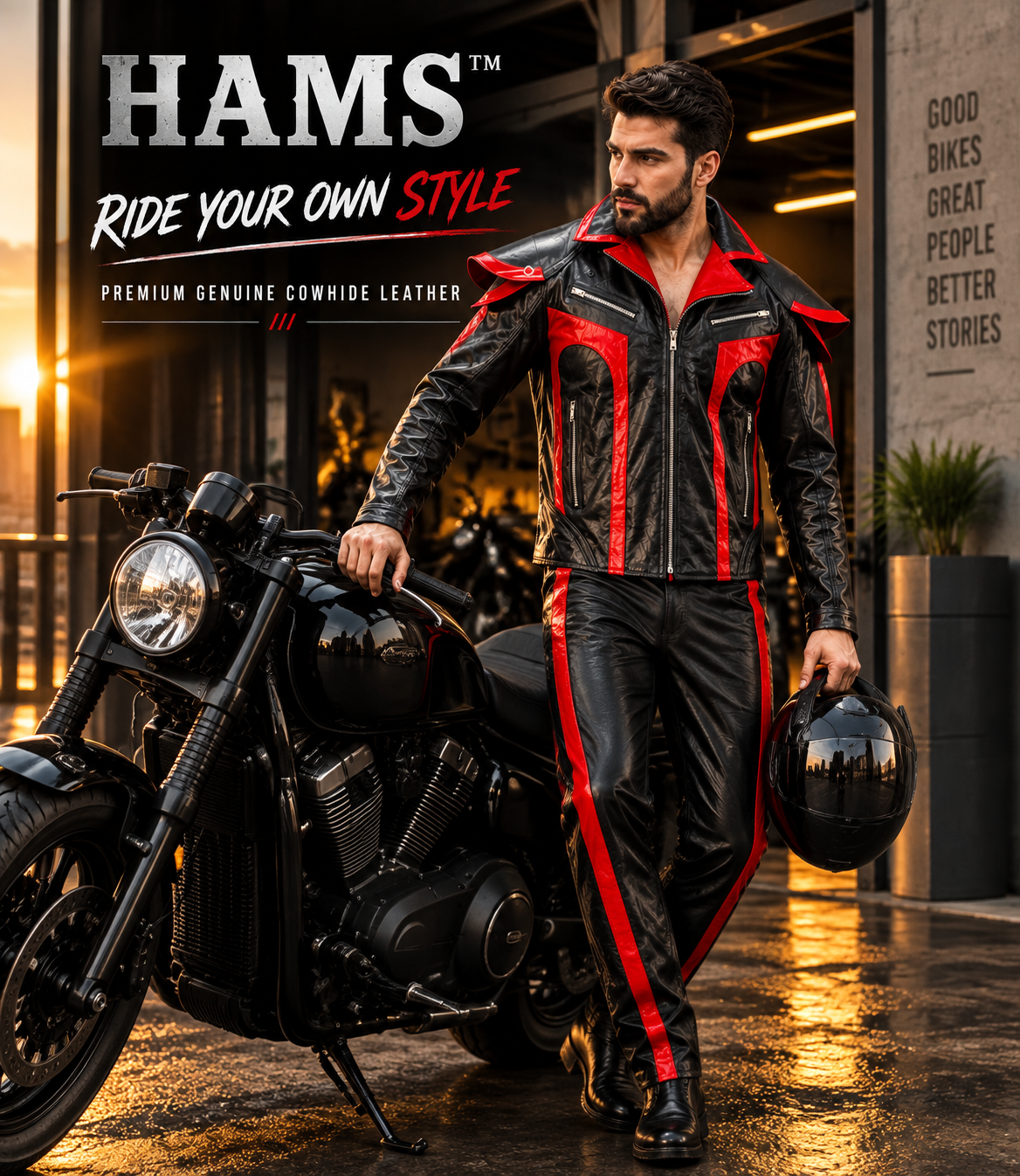 Men's Genuine Cowhide Leather Motorcycle Biker Suit, Black and Red Leather Jacket and Matching Pants Set with Zipper Pockets and Bold Contrast Design