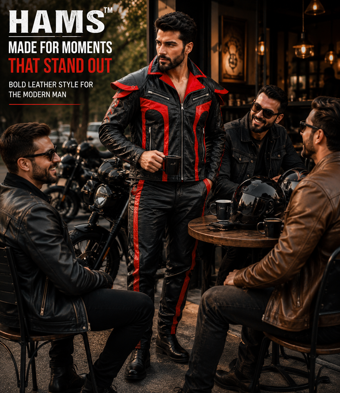 Men's Genuine Cowhide Leather Motorcycle Biker Suit, Black and Red Leather Jacket and Matching Pants Set with Zipper Pockets and Bold Contrast Design