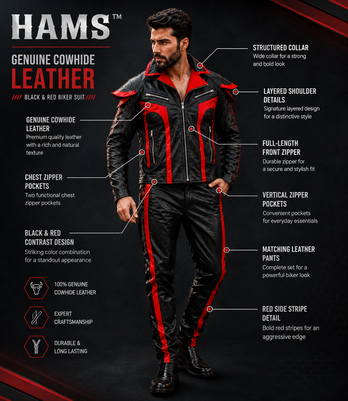 Men's Genuine Cowhide Leather Motorcycle Biker Suit, Black and Red Leather Jacket and Matching Pants Set with Zipper Pockets and Bold Contrast Design