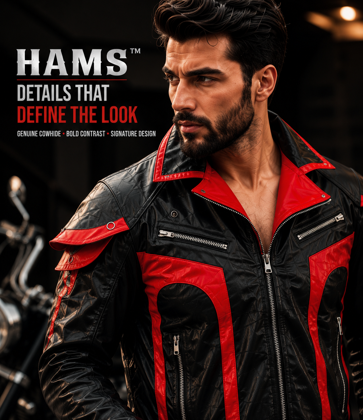 Men's Genuine Cowhide Leather Motorcycle Biker Suit, Black and Red Leather Jacket and Matching Pants Set with Zipper Pockets and Bold Contrast Design