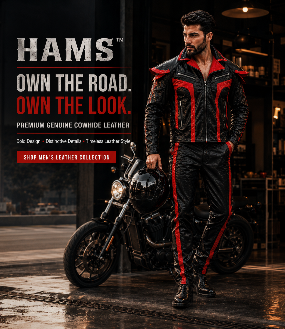 Men's Genuine Cowhide Leather Motorcycle Biker Suit, Black and Red Leather Jacket and Matching Pants Set with Zipper Pockets and Bold Contrast Design