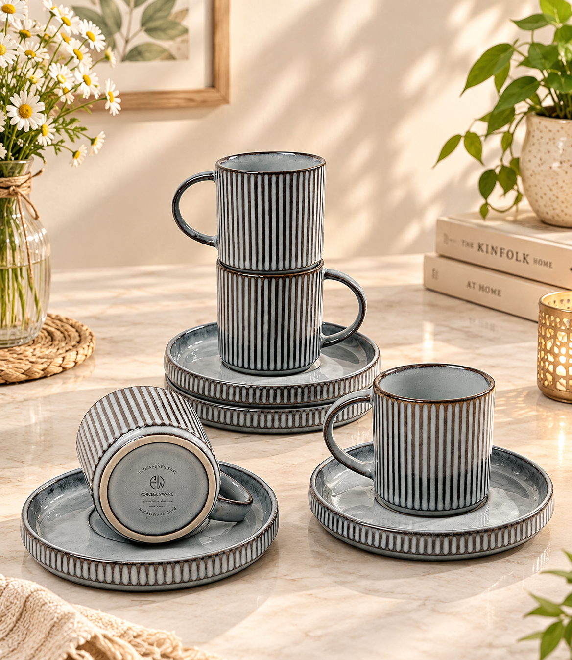 Stoneware Espresso Cups and Saucers Set of 4 – Reactive Glaze Coffee Cup Set
