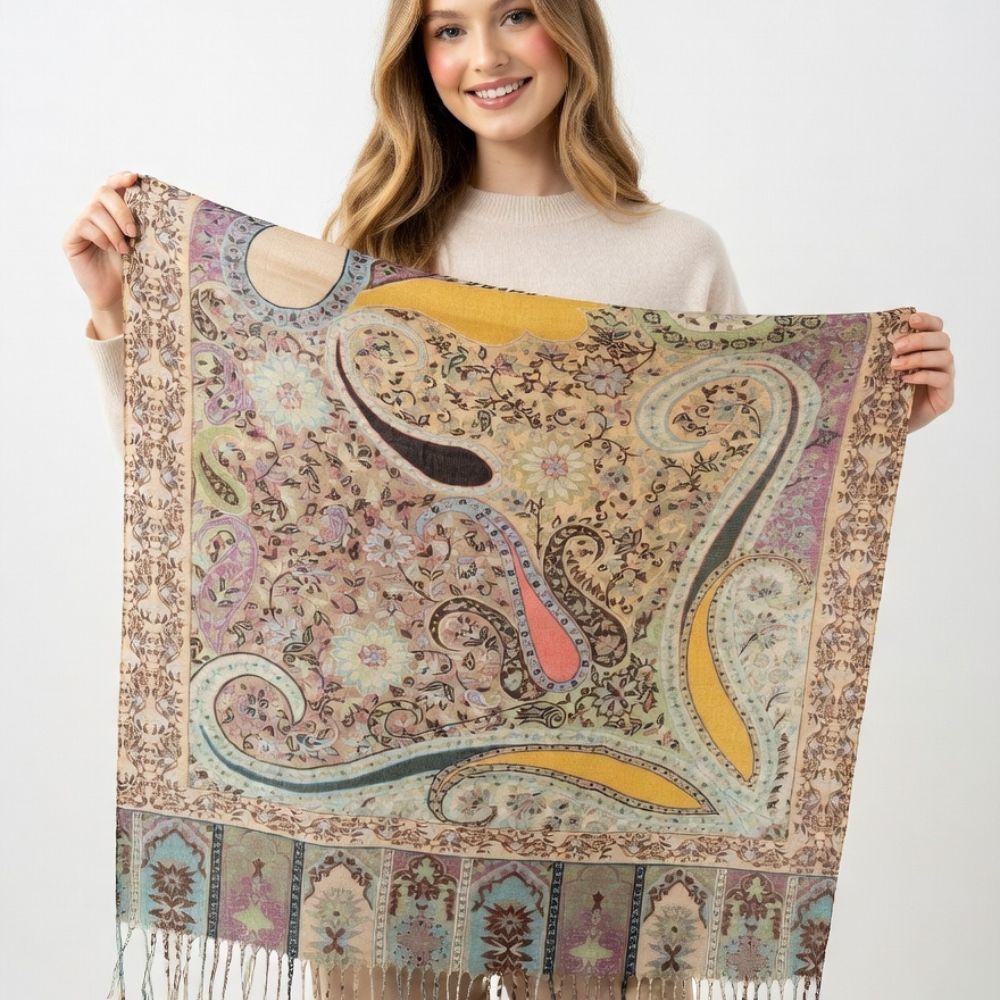 Premium Multicolor Paisley Wool Shawl for Women – Beige, Dusty Pink & Mustard Floral Printed Winter Wrap