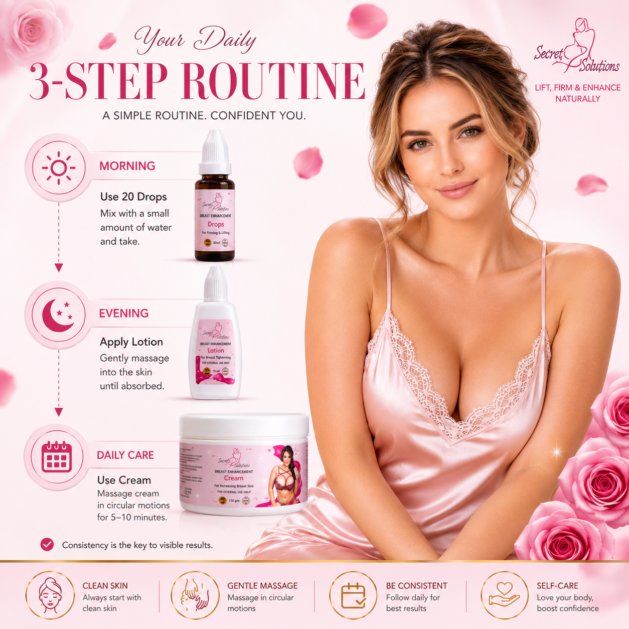 Natural Bust Enhancement & Firming Kit – 3-in-1 Complete Bust Care Formula for Natural-Looking Fullness, Firmer-Looking Skin, Deep Moisturization & Daily Bust Care