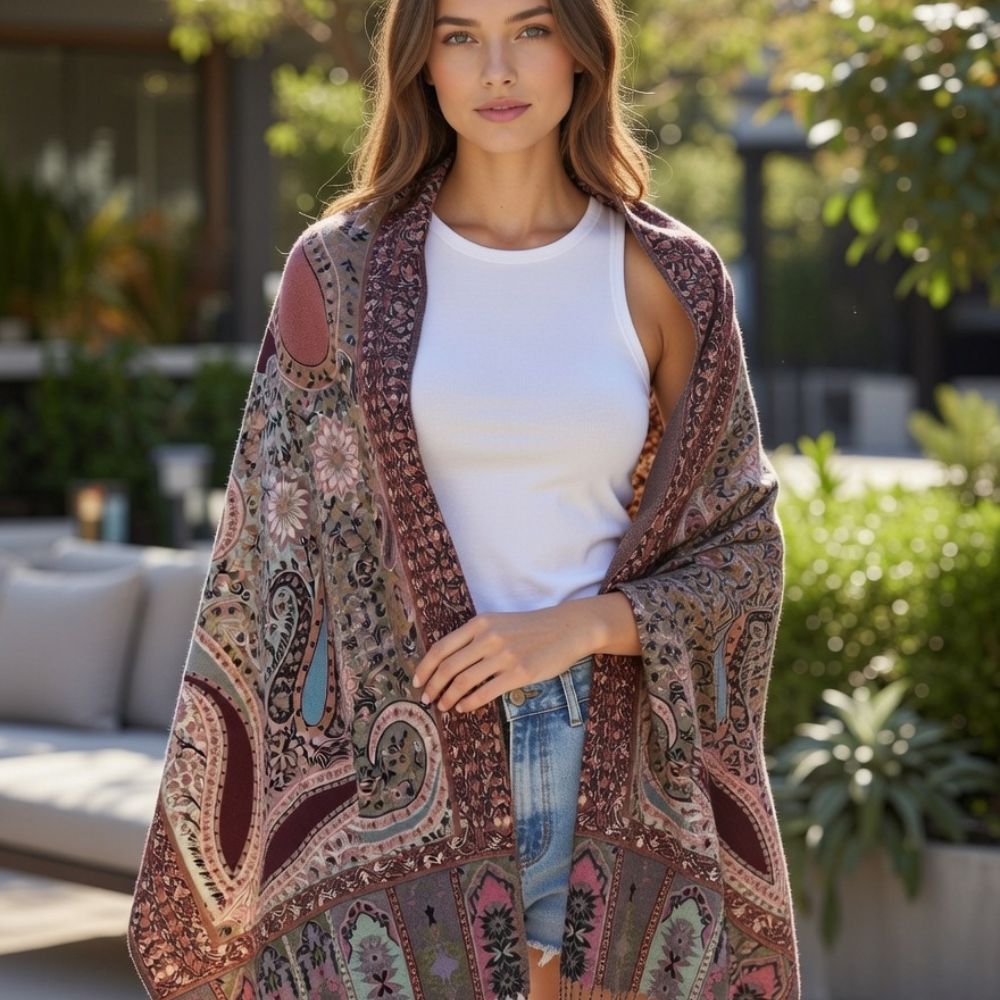 Premium Paisley Wool Shawl for Women – Elegant Printed Winter Wrap with Fringed Edges
