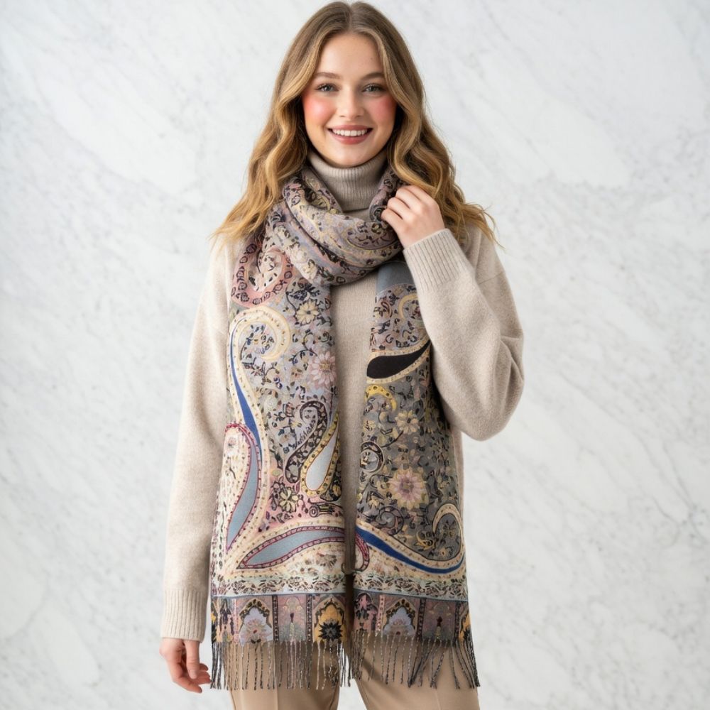 Premium Paisley Wool Shawl for Women – Elegant Printed Winter Wrap Scarf with Fringed Edges