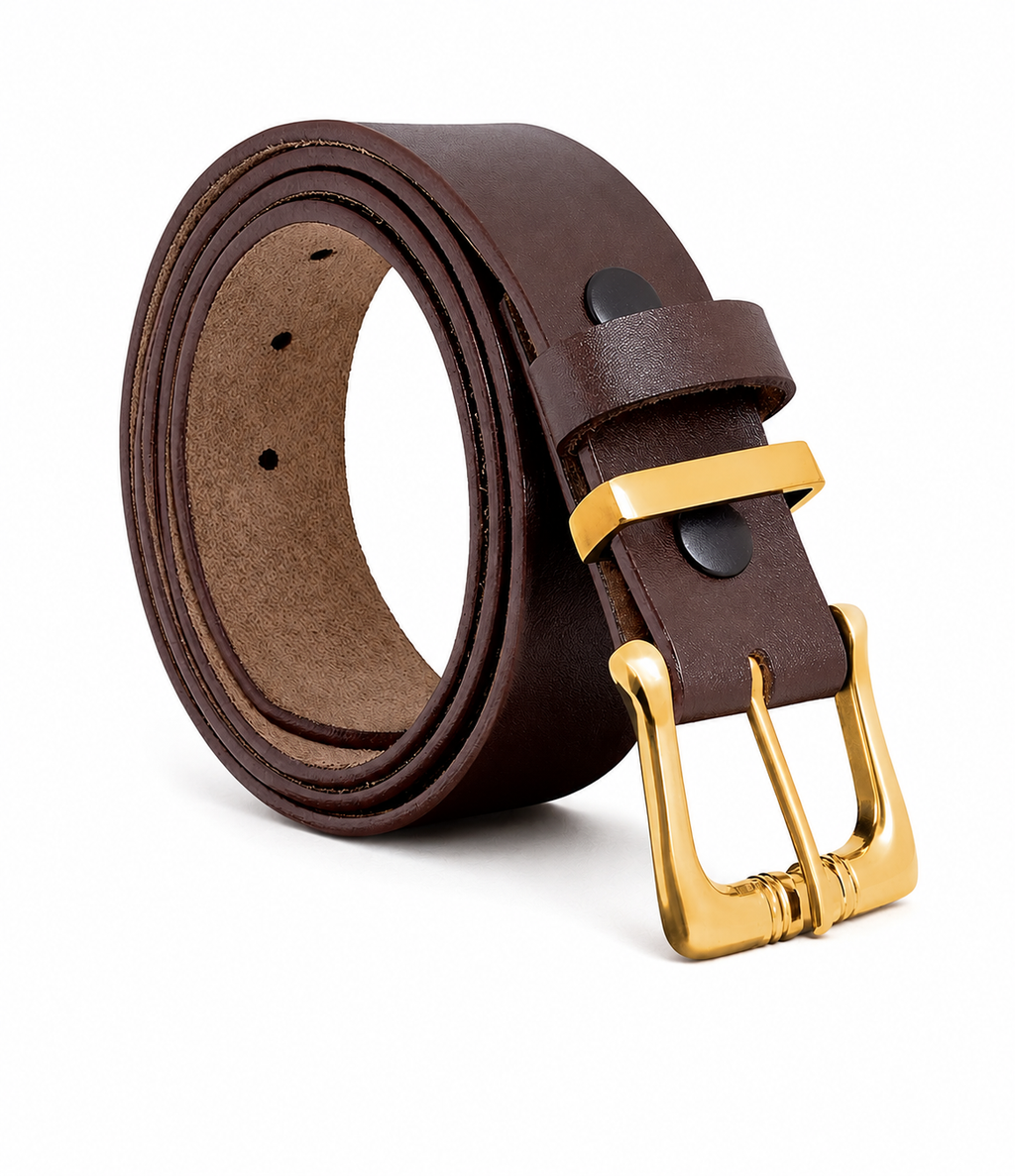 Premium Genuine Cowhide Leather Belt – Dark Brown with Gold Buckle