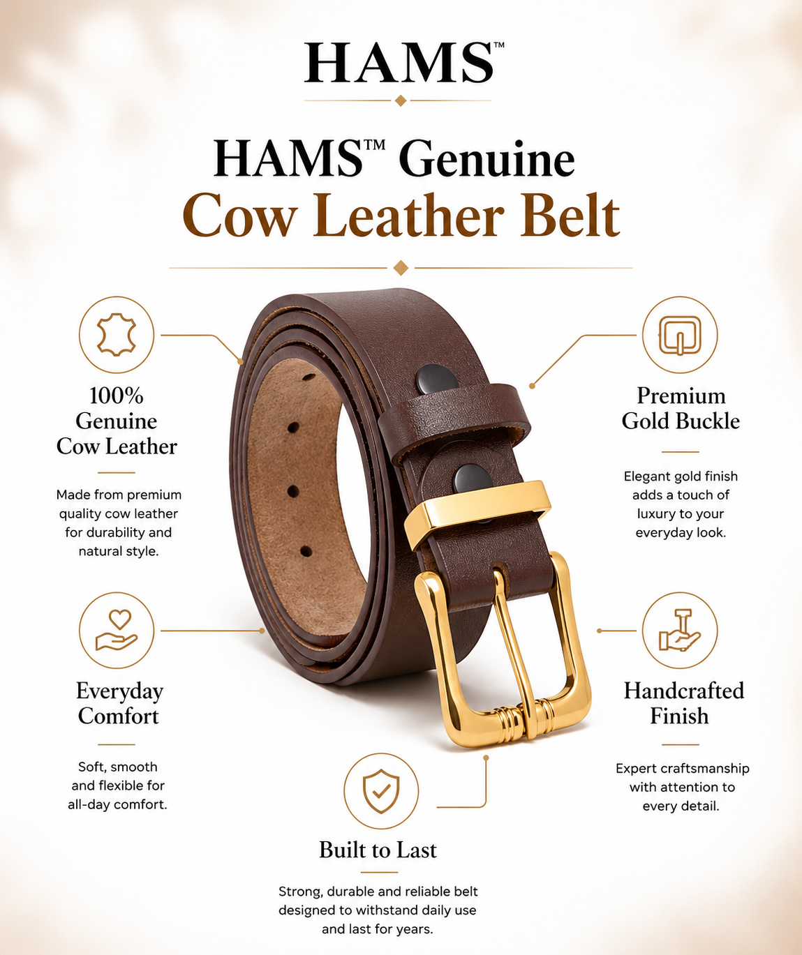 Premium Genuine Cowhide Leather Belt – Dark Brown with Gold Buckle