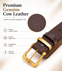 HAMS™ Premium Genuine Cowhide Leather Belt for Men – Dark Brown | Full Grain Leather | Gold Pin Buckle