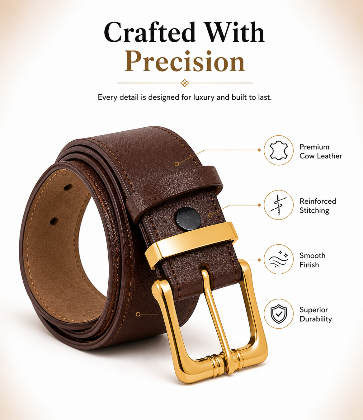 HAMS™ Premium Genuine Cowhide Leather Belt for Men – Dark Brown | Full Grain Leather | Gold Pin Buckle