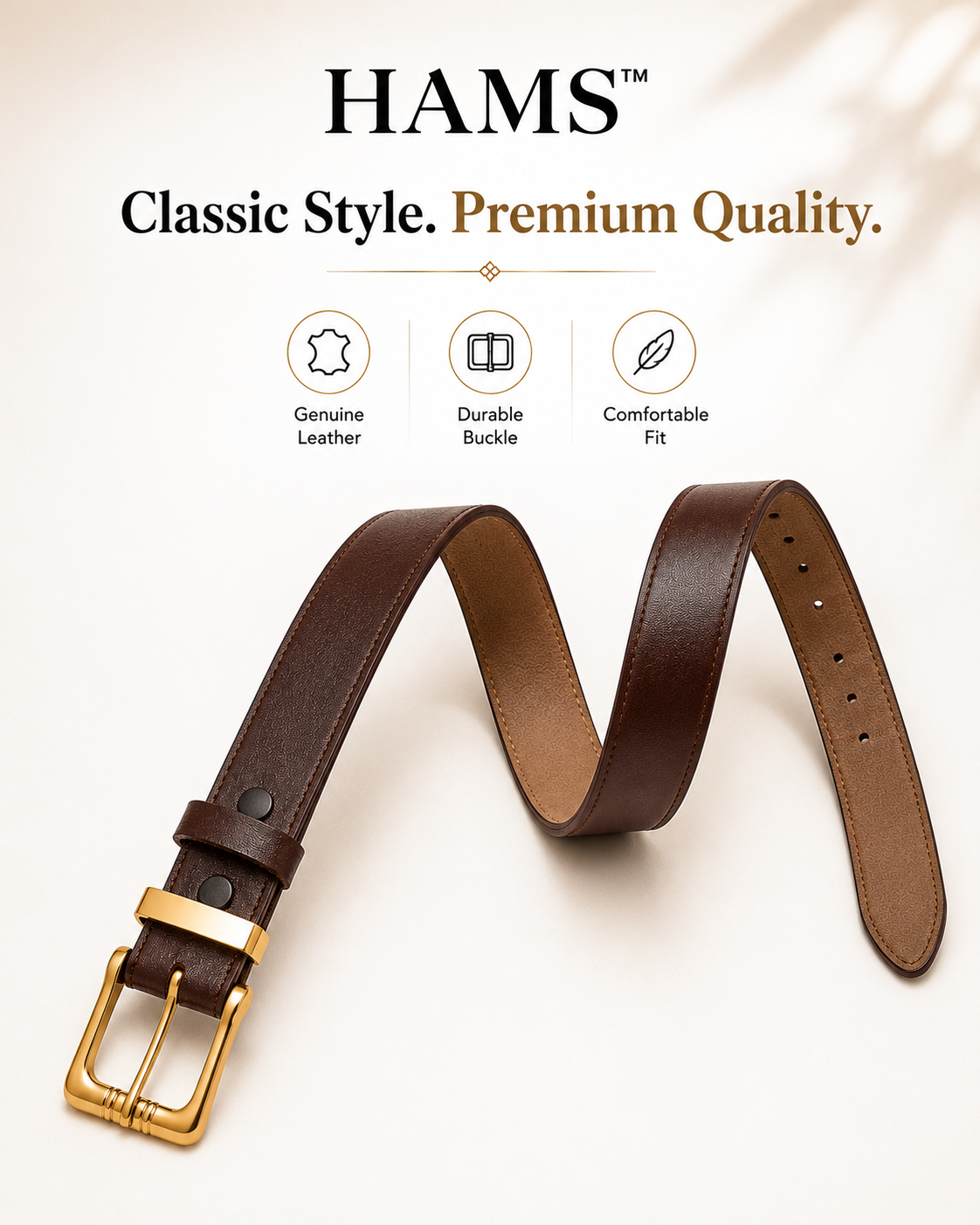 HAMS™ Premium Genuine Cowhide Leather Belt for Men – Dark Brown | Full Grain Leather | Gold Pin Buckle