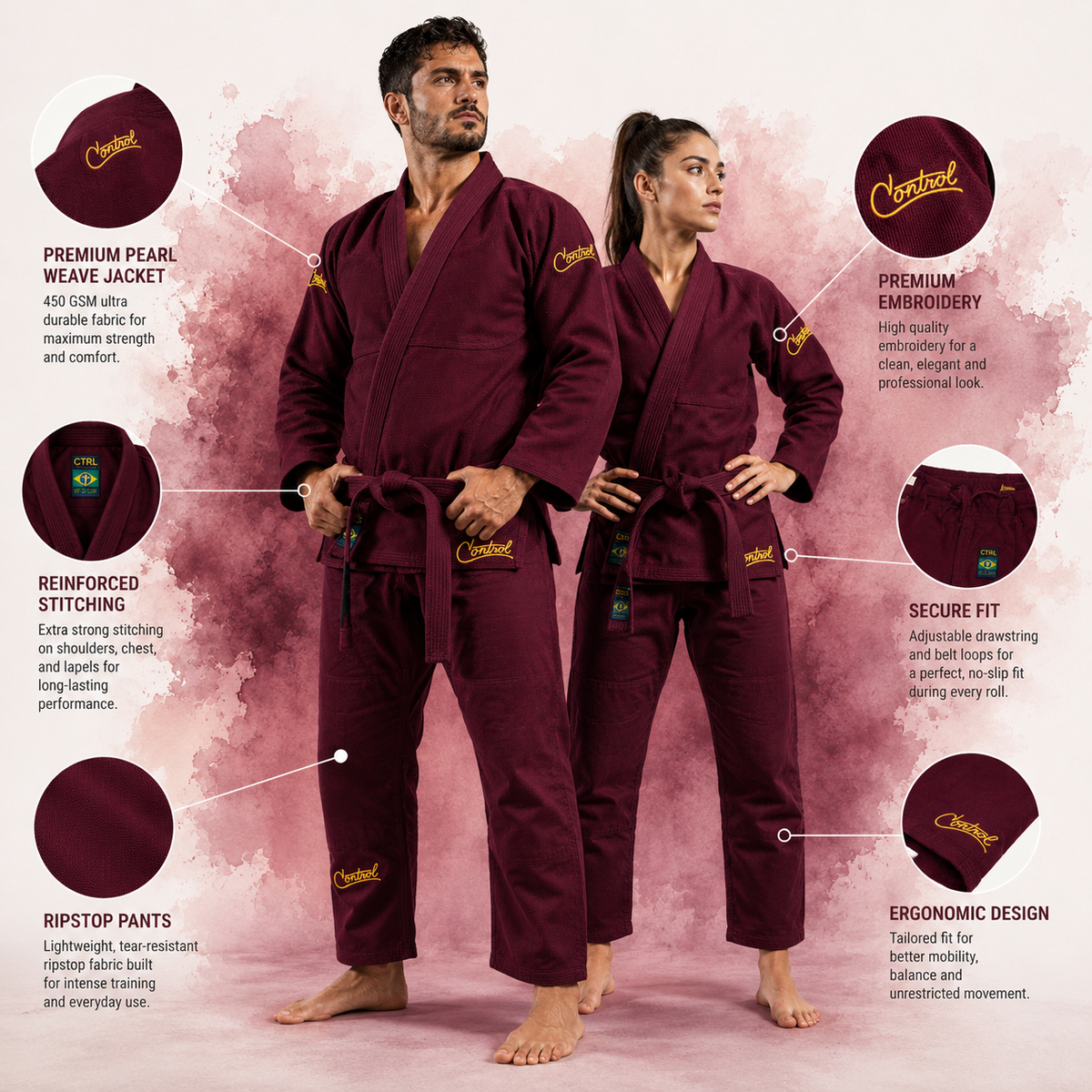 Premium Deep Burgundy BJJ Gi for Men & Women – 450 GSM Pearl Weave