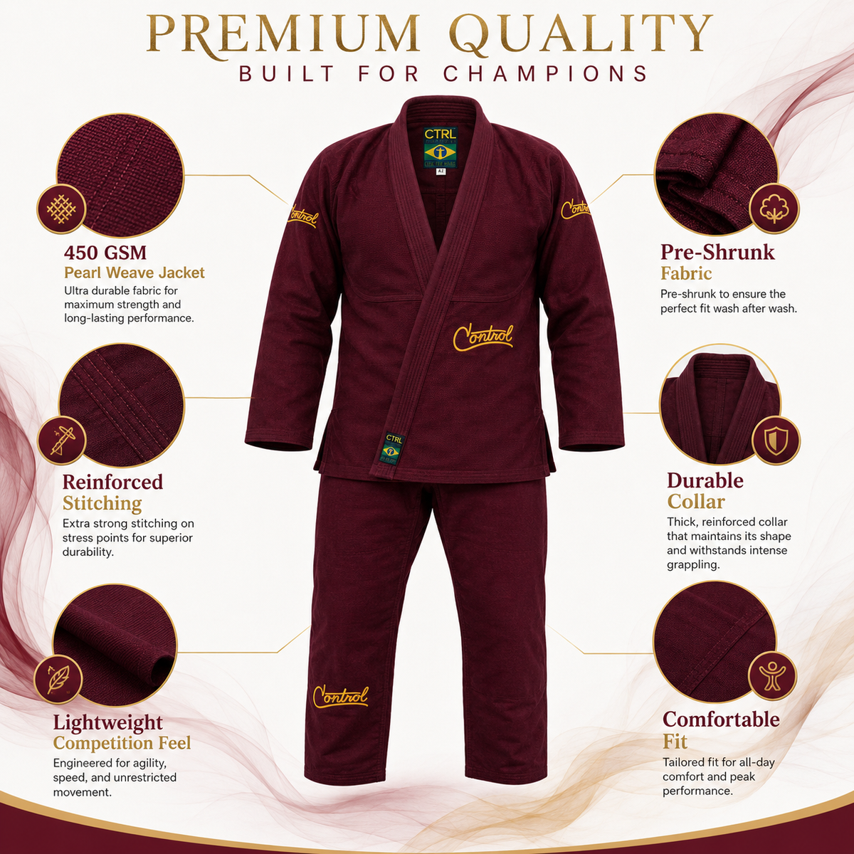 Premium Deep Burgundy BJJ Gi for Men & Women – 450 GSM Pearl Weave
