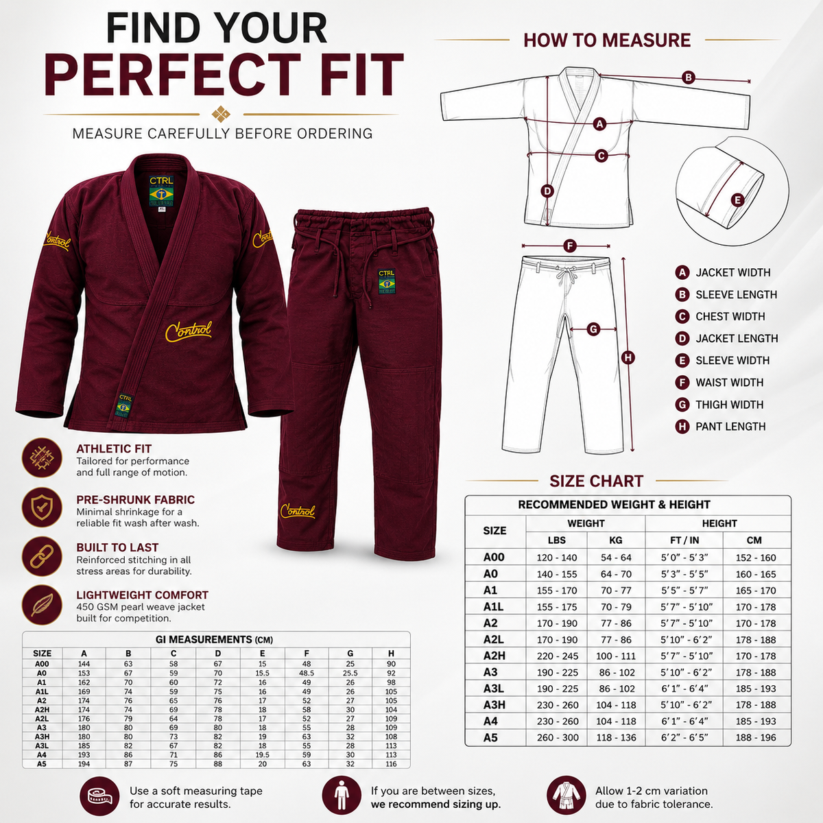 Premium Deep Burgundy BJJ Gi for Men & Women – 450 GSM Pearl Weave
