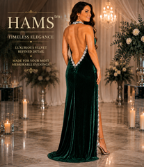 Luxury Velvet Evening Gown for Women, Deep Emerald Green Halter Neck Floor-Length Formal Dress with Crystal Pearl Embellished Trim and High Side Slit
